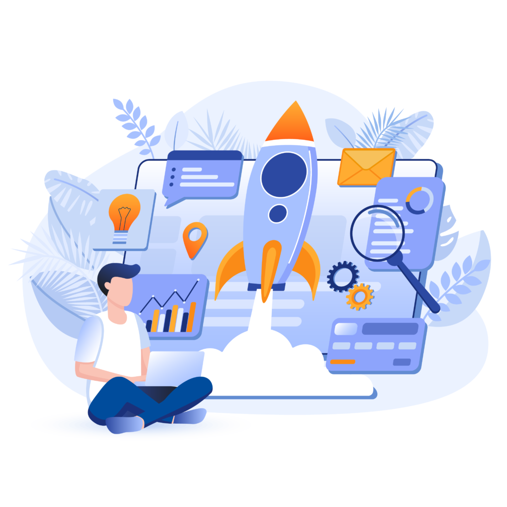 Illustration d'une personne assise avec une fusée représentant le lancement d'entreprise et les services de conseil de Legal Corners