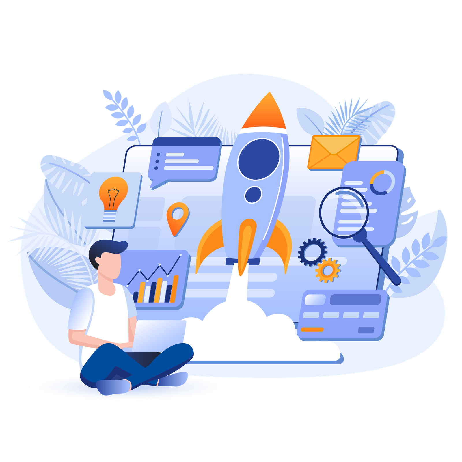 Illustration d'une personne assise avec une fusée représentant le lancement d'entreprise et les services de conseil de Legal Corners